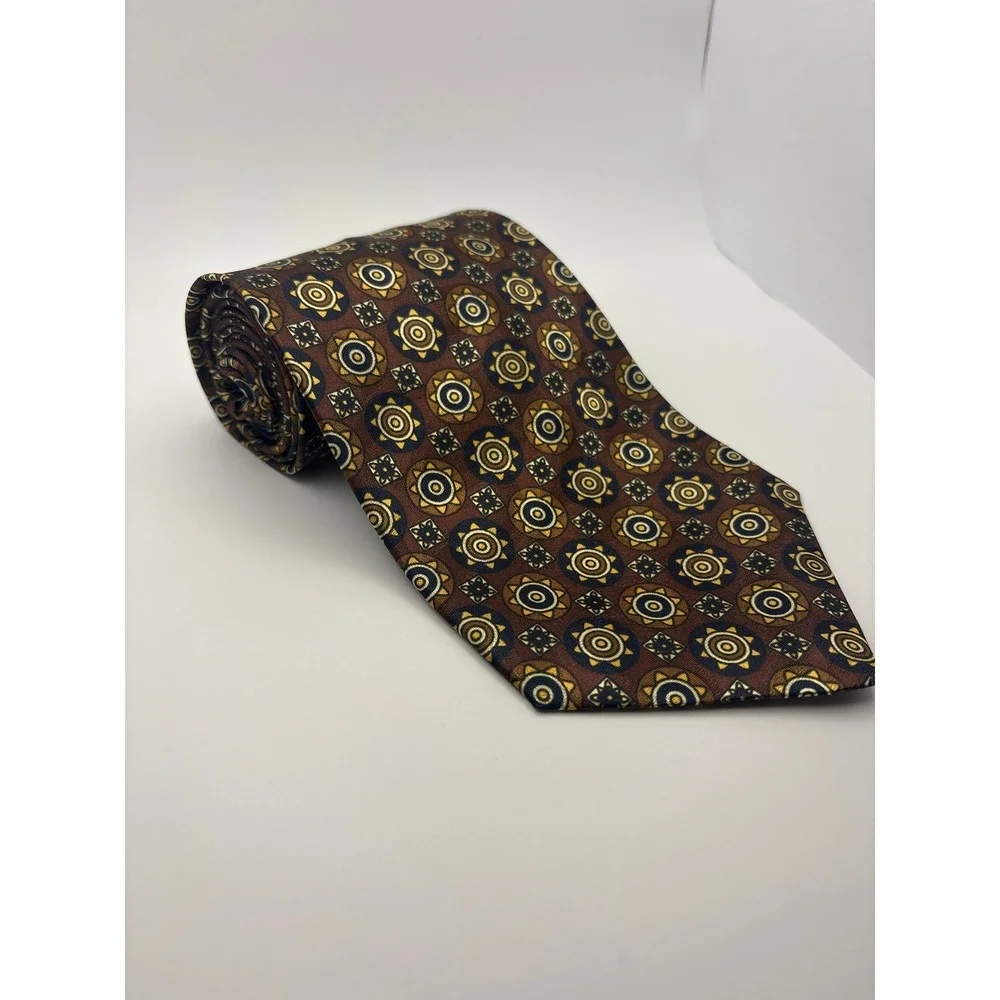 Manhattan Wash n Wear Mens Tie Brown Gold Navy Geometric Medallion Polyester